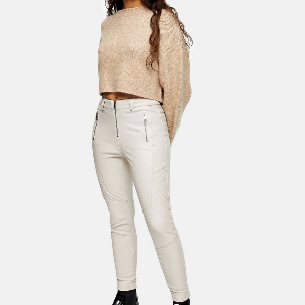 NWT TOPSHOP Petite Sz: UK 4/US 0 Cream Faux Leather Moto Pants